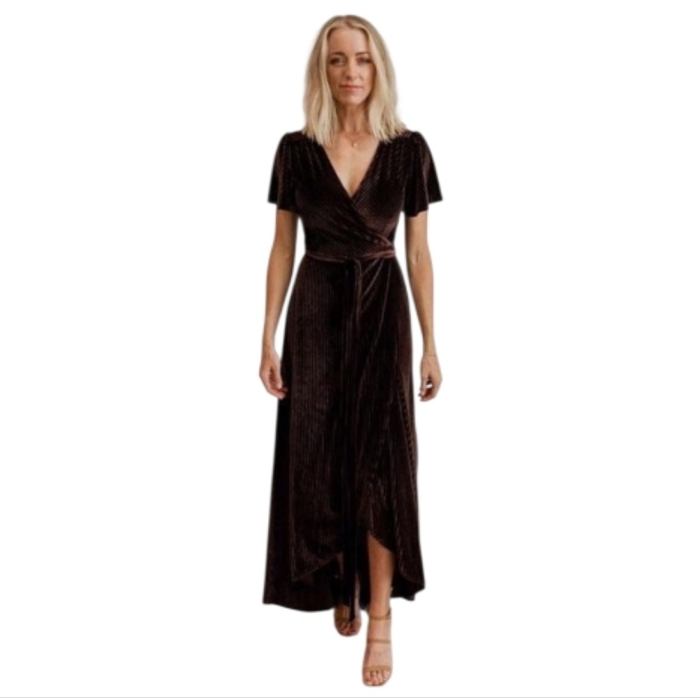 BALTIC BORN Andi black orchid brown velvet ribbed wrap maxi dress M